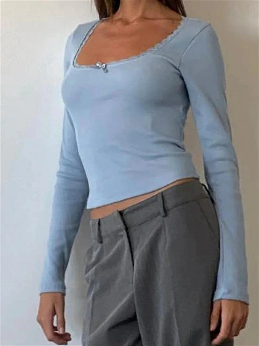Women's Sweetheart Neckline Long Sleeve Crop Top Streetwear Blouse - Image 2