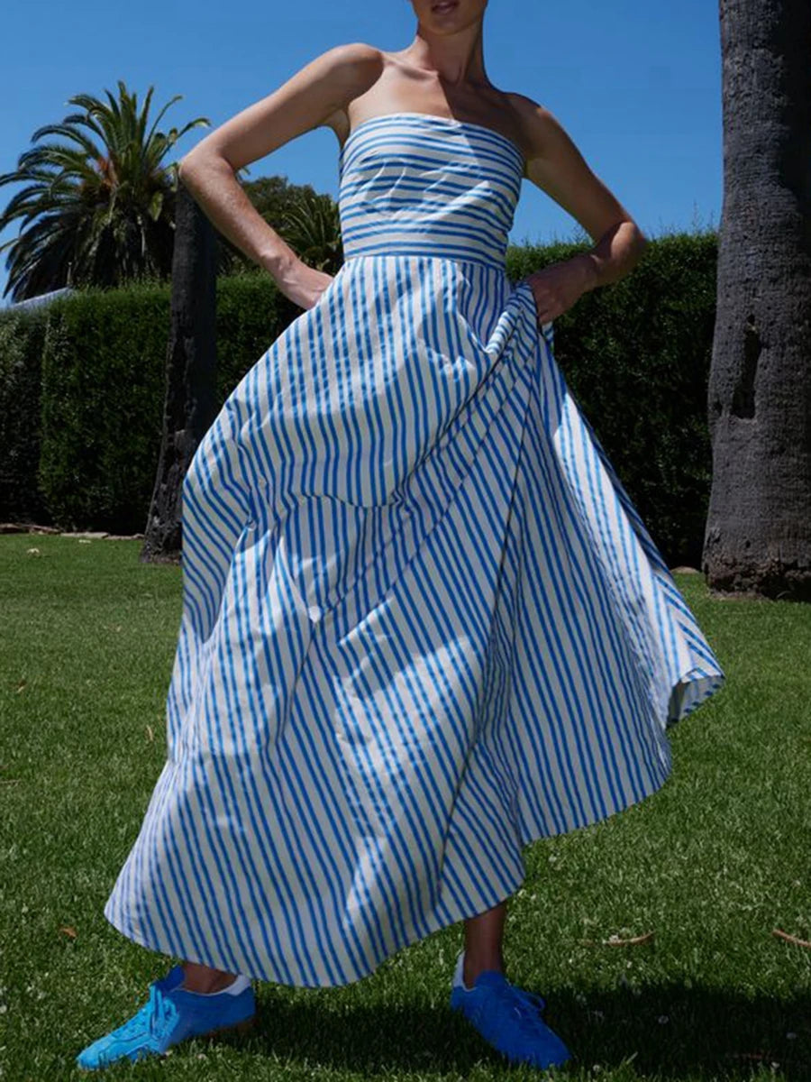 Women's Striped Maxi Dress: Ruffle Shoulder, Backless, Beach Boho - Image 4