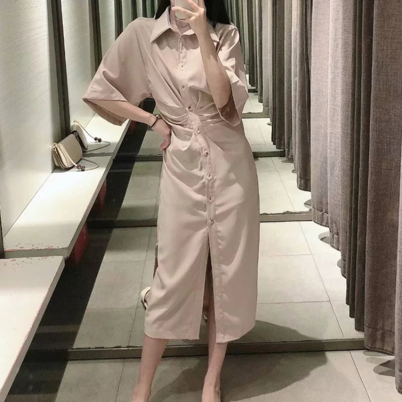 Versatile Button Down Polo Neck Dress with Fold Detail - Image 3