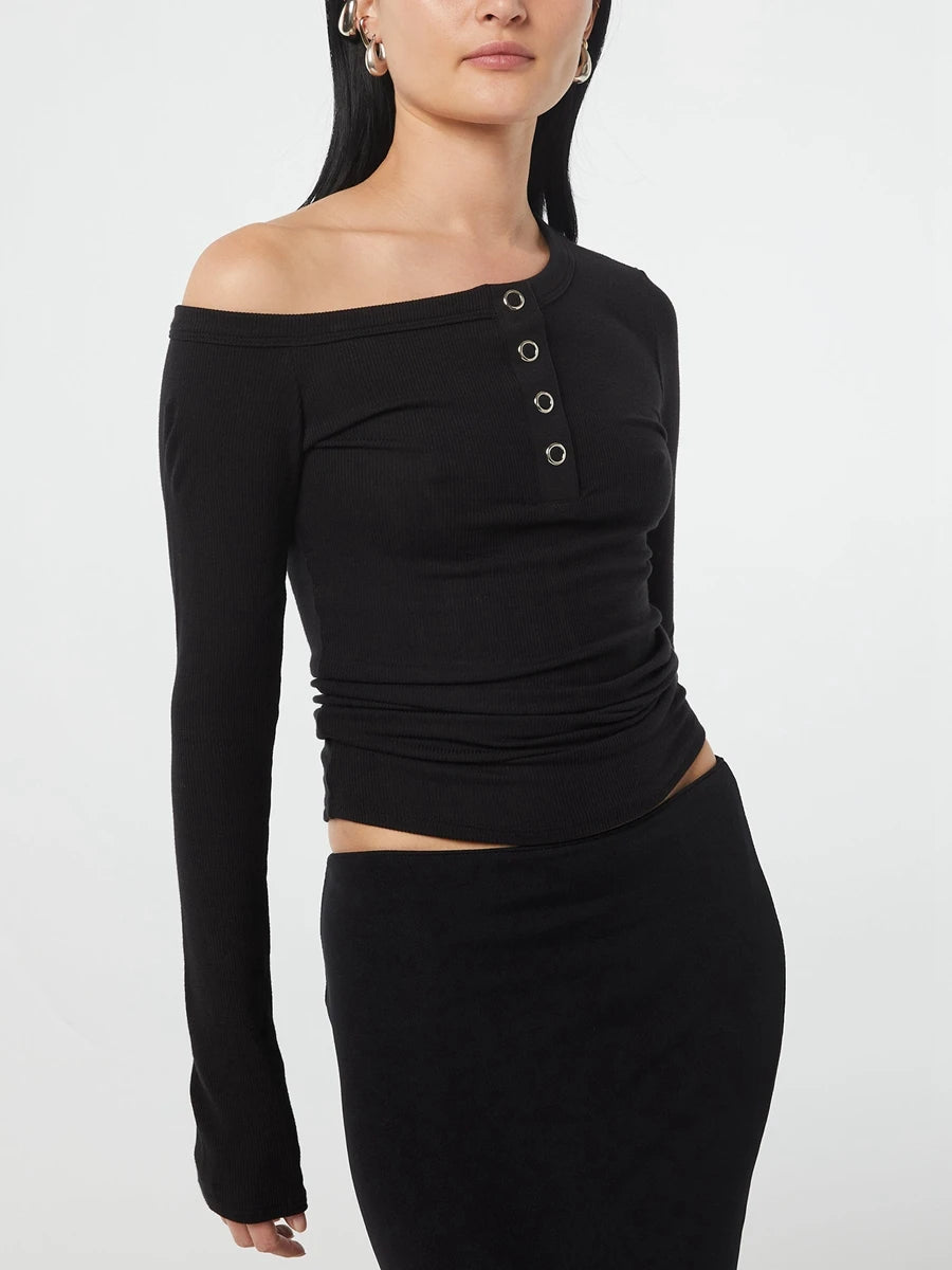 Womens Long Sleeve Henley Crop Tops Slim Fit Tshirts - Image 6