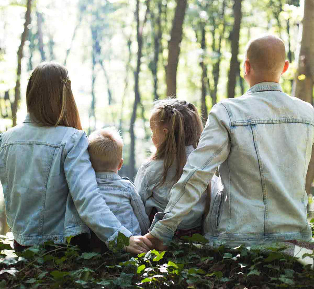 Family of 4, all wearing denim shirts, holding hands in the forest