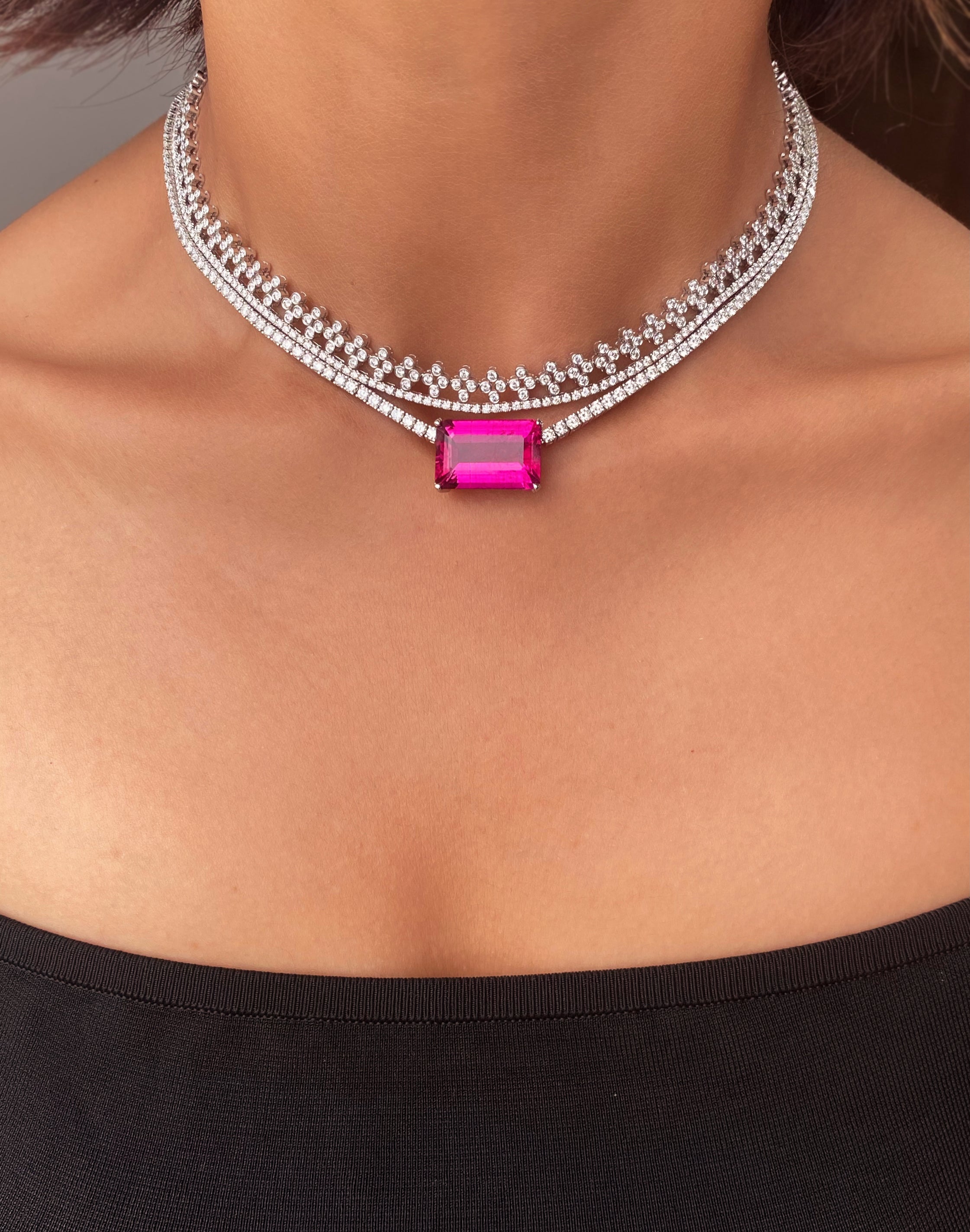 1ct GIA Pear Diamond on Pink Sapphires Medium Line Necklace in 18K Ros