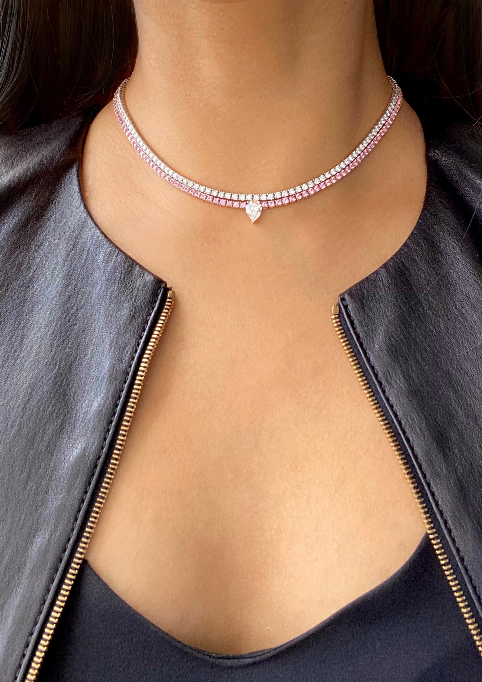 Flower Tennis Necklace .925 Sterling Silver Zircon Choker Statement Necklaces Gold / Light Pink