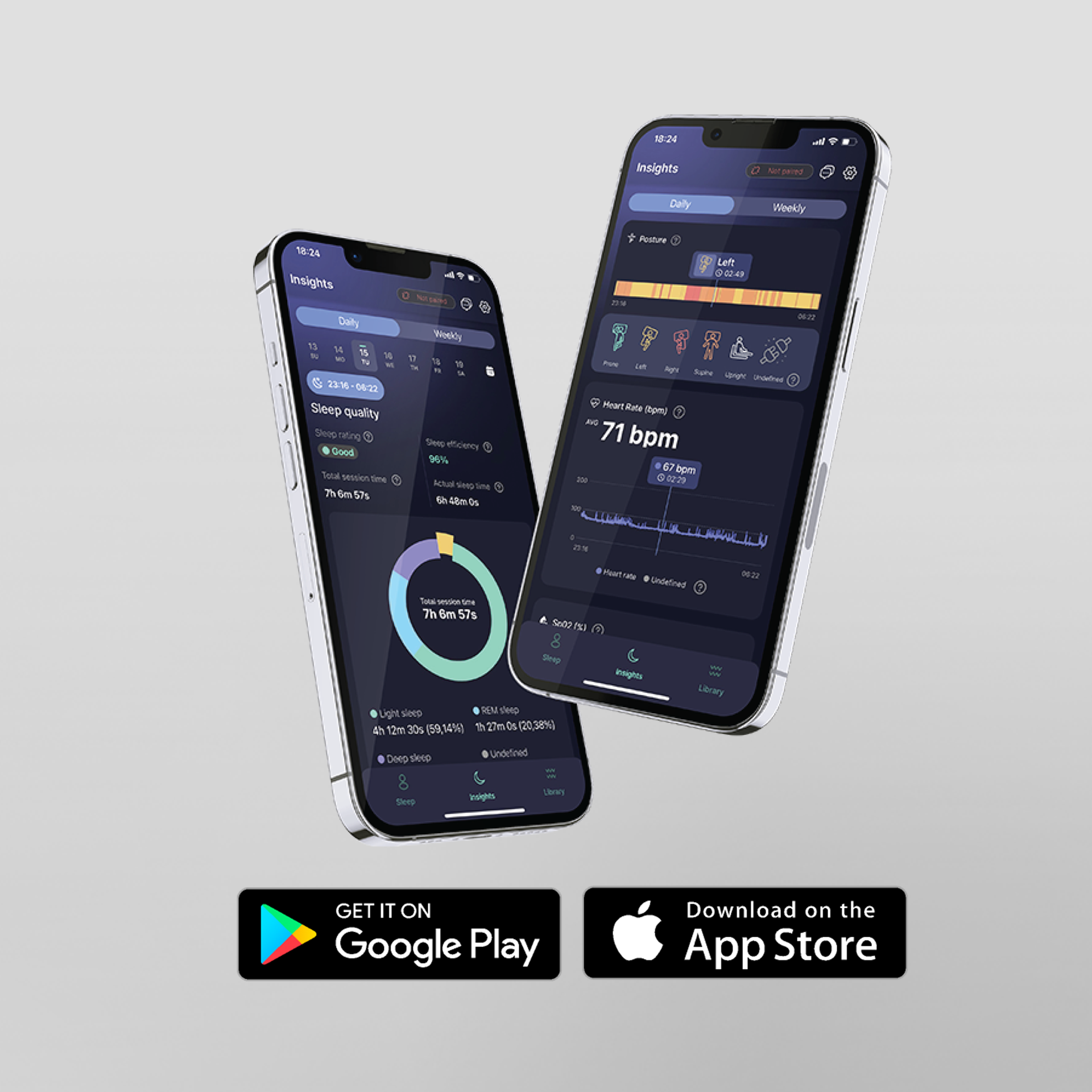 Two smartphones displaying health and sleep monitoring apps with Google Play and App Store logos below.