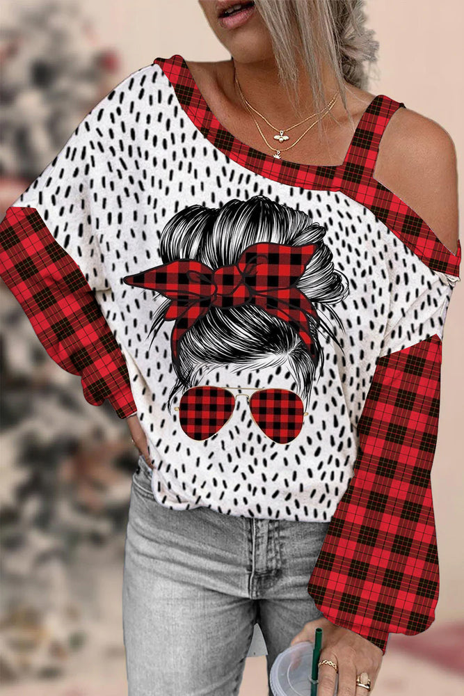 
                  
                    Load image into Gallery viewer, Messy Bun Plaid Off-shoulder Blouse
                  
                