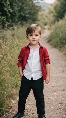 handsome boy wearing red shirt and black pants