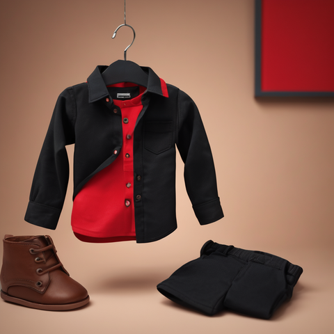 red and black combo of clothes and accessories for boys