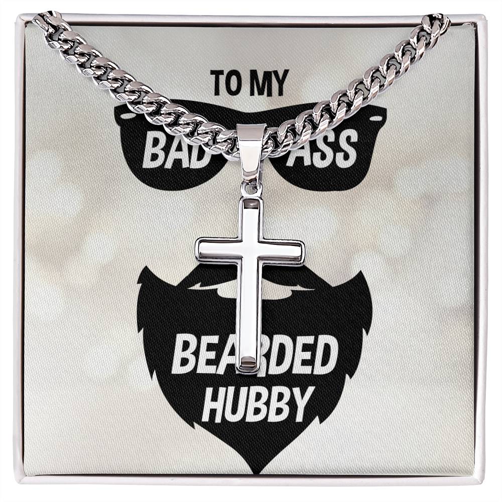 To My Bad Ass Bearded Hubby For Husband Personalized Cross with Cuban Chain Necklace