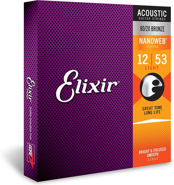 Elixir Strings 80/20 Bronze Acoustic Guitar Strings w NANOWEB Coating, Light (.012-.053)