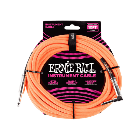 Dây Cáp Ernie Ball 10FT Braided Straight to Angle Instrument, Neon Orange