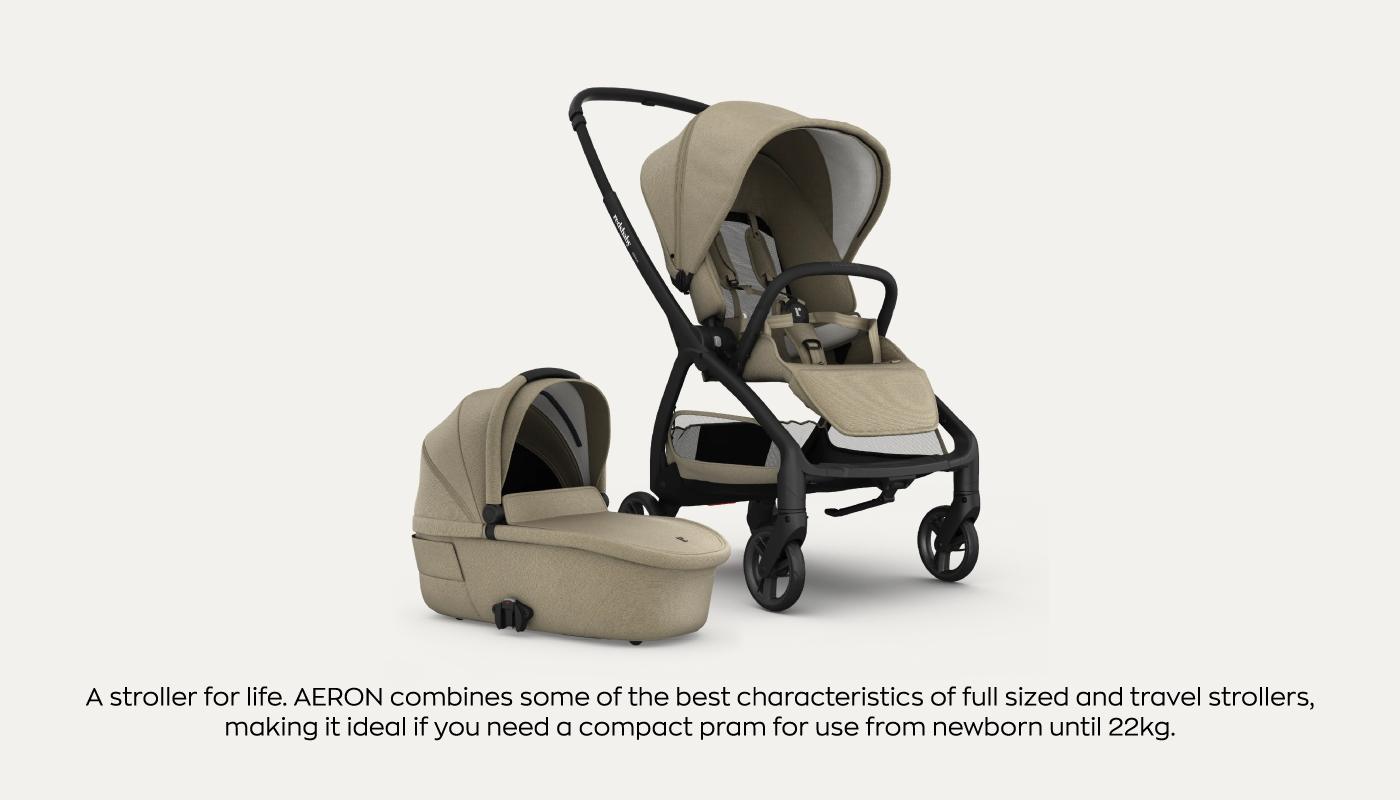 A promotional image for the Redsbaby AERON stroller, showcasing the stroller in two configurations side by side. On the left is the stroller with a carrycot attachment, and on the right is the stroller seat setup. The descriptive text at the bottom states "A stroller for life. AERON combines some of the best characteristics of full sized and travel strollers, making it ideal if you need a compact pram for use from newborn until 22kg.