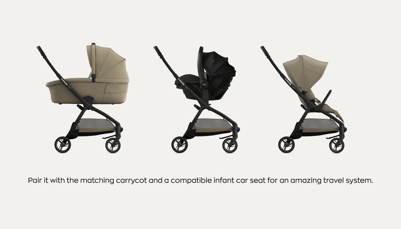 A triptych of the Redsbaby AERON stroller configured in three different ways. From left to right: with a sand-colored carrycot, with a black infant car seat, and in a forward-facing stroller seat setup. The caption below reads "Pair it with the matching carrycot and a compatible infant car seat for an amazing travel system.