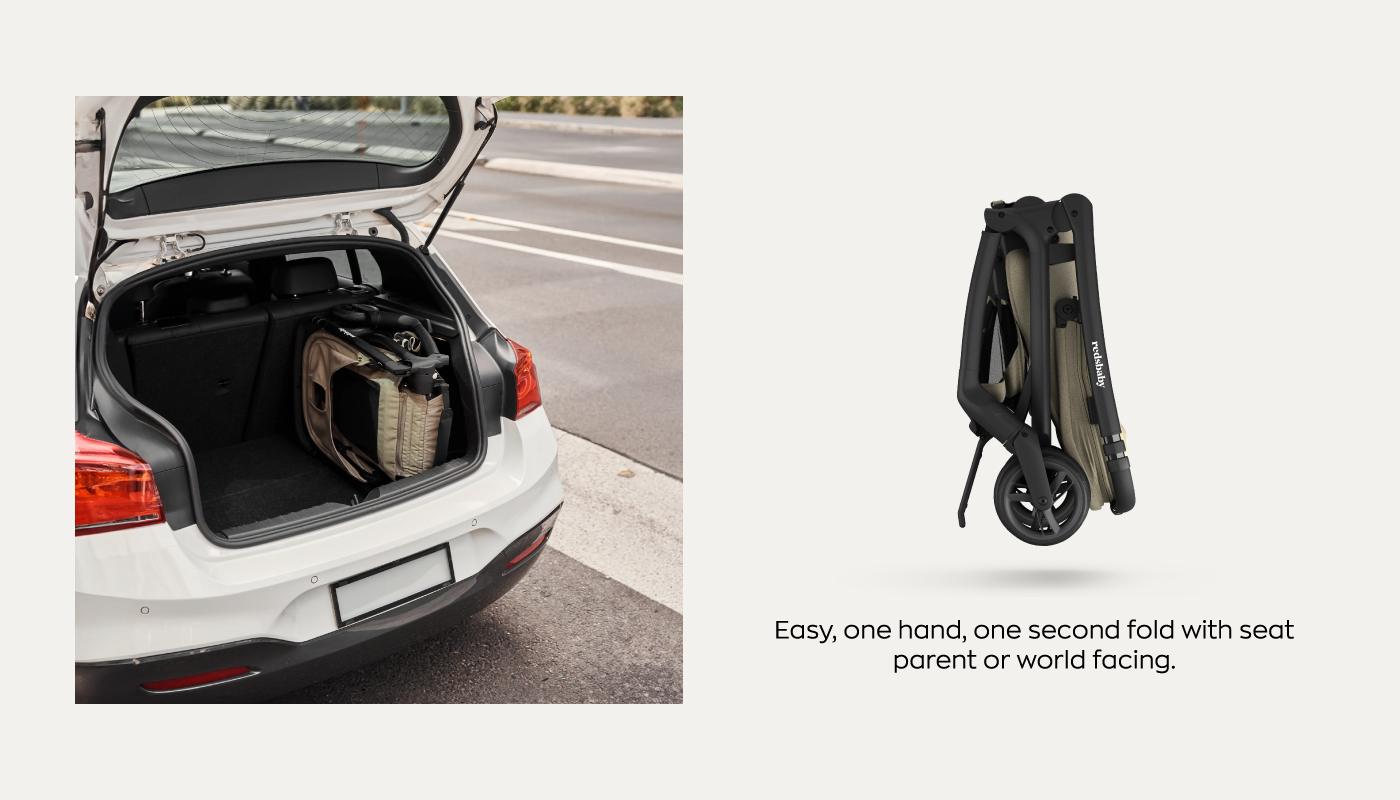 This image is split in two parts. On the left, the Redsbaby AERON stroller is compactly folded and placed in the trunk of a white car, demonstrating its portability. The right side of the image shows the stroller folded vertically, standing on its wheels, with text below stating "Easy, one hand, one second fold with seat parent or world facing.