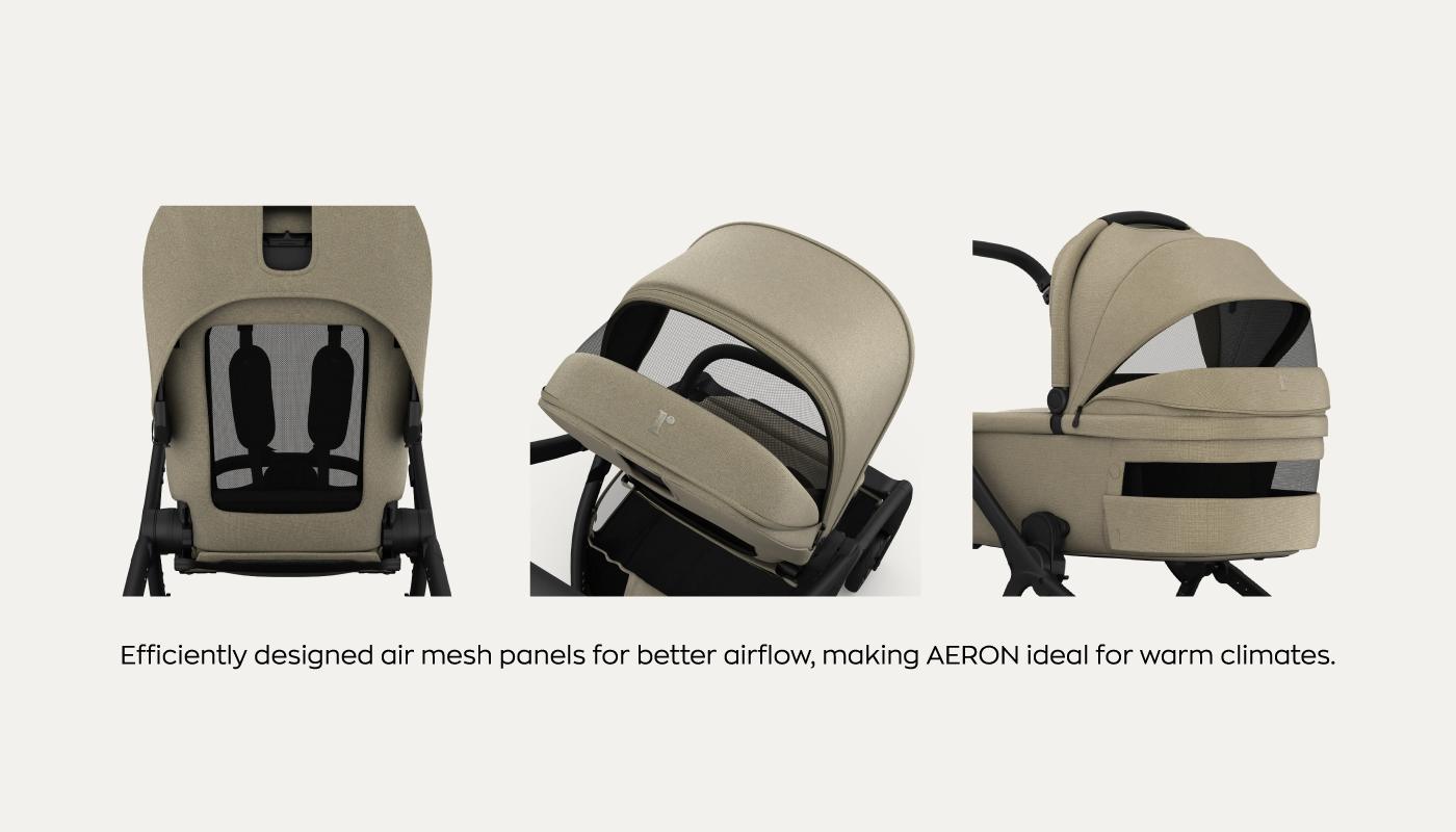 A collage of the Redsbaby AERON stroller focusing on its features. The left shows the stroller's back with mesh panels for airflow, the middle displays the canopy half open with mesh windows, and the right shows the stroller with a fully extended canopy. Text at the bottom reads "Efficiently designed air mesh panels for better airflow, making AERON ideal for warm climates.