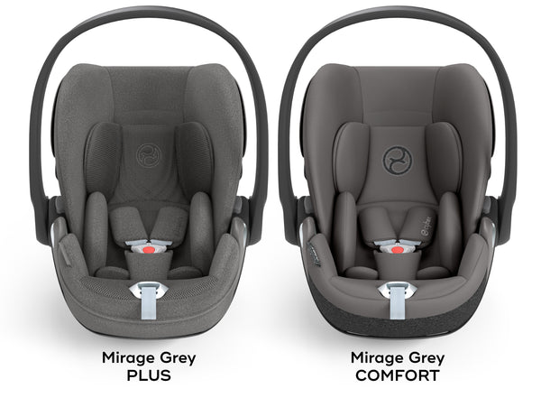 cybex cloud t i-size car seat in the new 2023 Comfort fabric and Plus fabric versions, side by side both in the Mirage Grey colourway