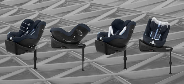 A photo featuring the multiple functions of the CYBEX Sirona Gi Car seat such as the optimal air flow, belt system, recline for newborns and headrest adjustability.