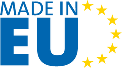Logo for made in europe, in blue bold lettering and yellow stars
