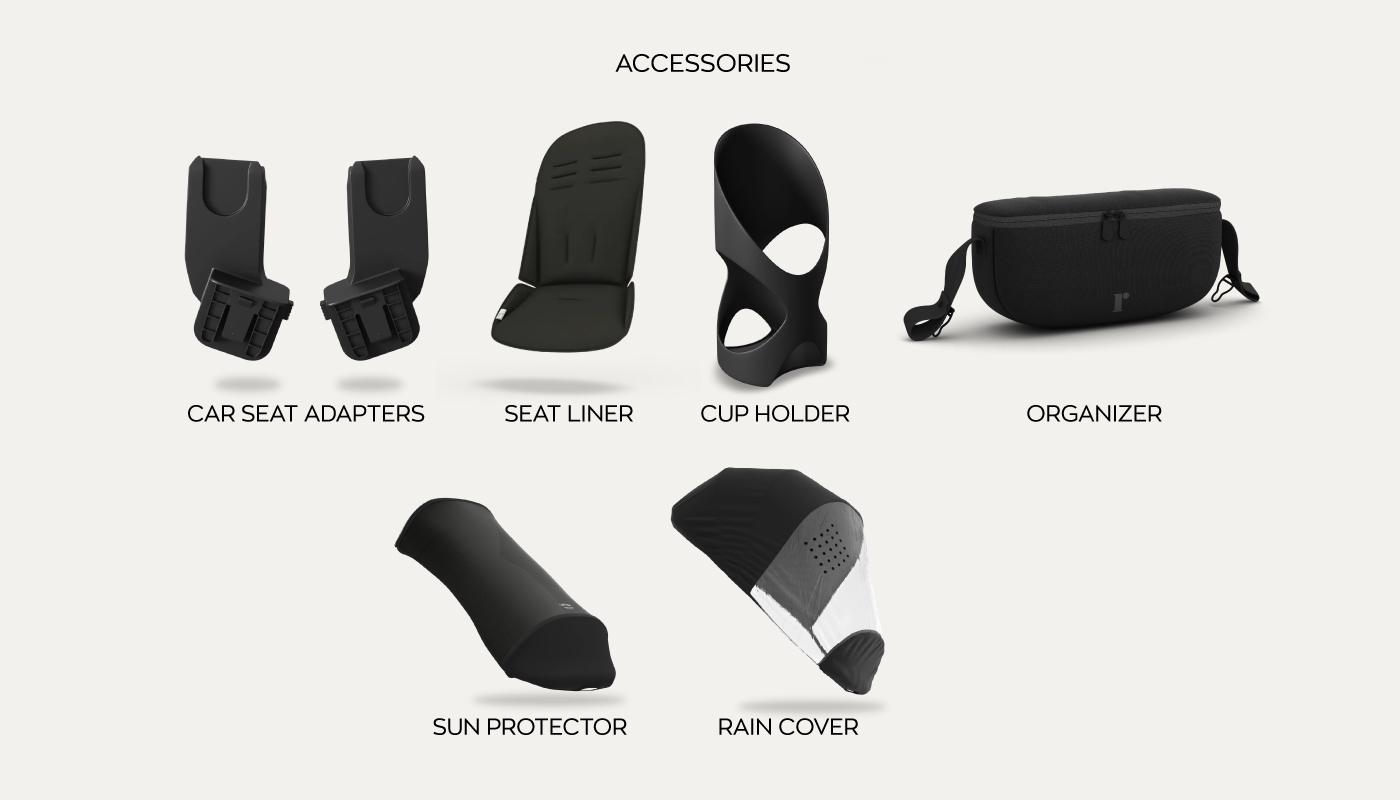 An array of Redsbaby NUVO stroller accessories is neatly displayed against a white background. From left to right: a pair of 'Car Seat Adapters' in black, a contoured black 'Seat Liner,' a sculpted 'Cup Holder' designed to fit a variety of beverages, and a black 'Organizer' bag with a strap and the Redsbaby logo. Below are two additional accessories: a 'Sun Protector' in the form of an extendable black canopy, and a 'Rain Cover' with a transparent window for visibility and black edging. The collection of accessories offers customization and convenience for the stroller, catering to different weather conditions and storage needs.