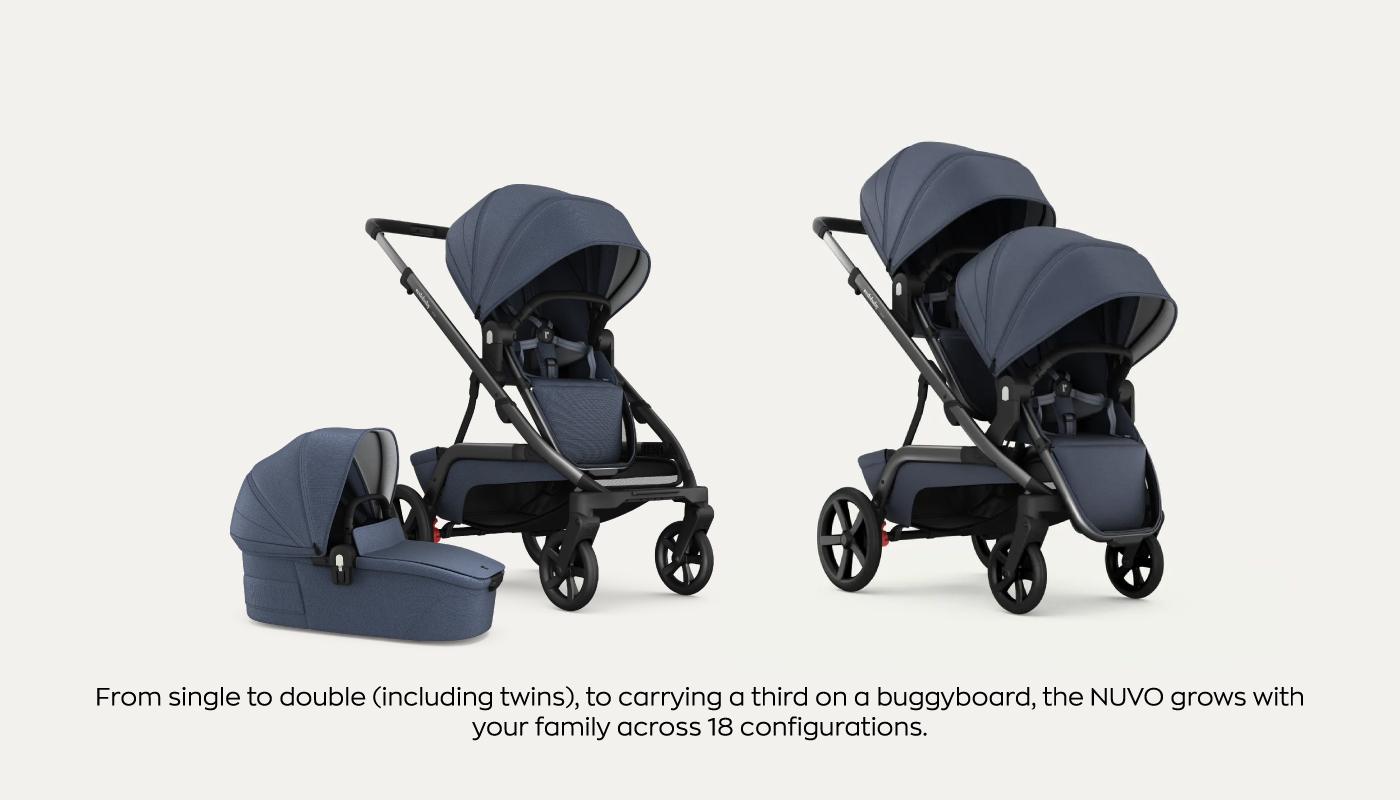 The image presents three configurations of the Redsbaby NUVO stroller against a white background. On the left is the stroller with a bassinet for infants, in the center is the stroller with a single forward-facing seat, and on the right is the stroller in a double seating configuration with both seats facing forward. Text below the strollers states, 'From single to double (including twins), to carrying a third on a buggyboard, the NUVO grows with your family across 18 configurations.' This showcases the stroller's ability to adapt to a growing family's needs.