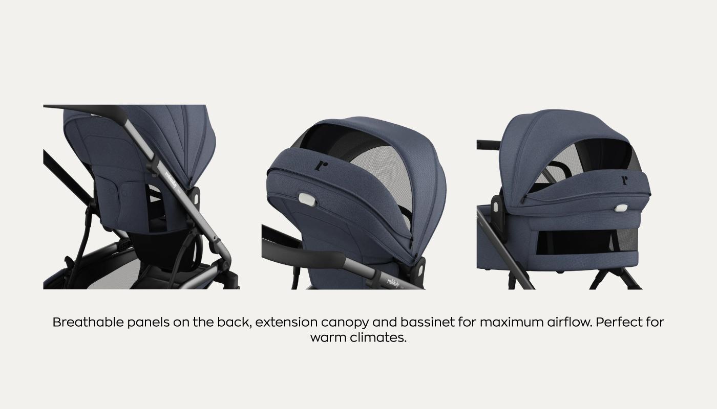 A series of three close-up images of the Redsbaby NUVO stroller's features, all in a consistent slate blue color. The first image shows the back of the stroller seat with breathable panels. The second displays the stroller with the canopy extended, revealing a mesh section for airflow. The third picture highlights the bassinet with its own ventilation panel. Text below the images reads, 'Breathable panels on the back, extension canopy and bassinet for maximum airflow. Perfect for warm climates,' emphasizing the stroller's design for comfort in hot weather.