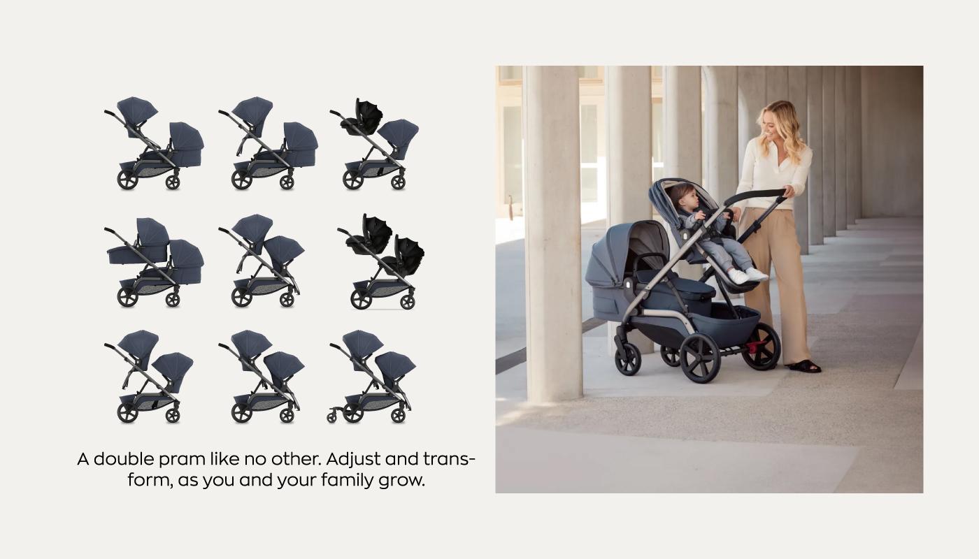 On the left side of the image is a grid of nine small pictures showing various configurations of the Redsbaby NUVO double stroller, demonstrating its adaptability for different ages and stages of children's growth. On the right, a woman in a casual cream sweater and beige pants smiles down at a child seated in one of the stroller's seats in a modern, column-lined walkway. Below is the text, 'A double pram like no other. Adjust and transform, as you and your family grow,' underscoring the stroller’s ability to evolve with the family's needs.