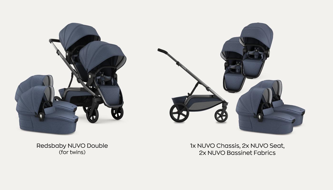 This image showcases the Redsbaby NUVO Double stroller, designed specifically for twins, along with its individual components. On the far left, there's the full stroller set up with two bassinets attached side by side. Adjacent to it is the standalone bassinet. In the center is the stroller frame on its own, emphasizing the robust yet sleek chassis. The final image displays an overhead view of the stroller with two seats attached. Text beneath these visuals reads 'Redsbaby NUVO Double (for twins)' and itemizes the contents as '1x NUVO Chassis, 2x NUVO Seat, 2x NUVO Bassinet Fabrics,' highlighting the stroller’s ability to accommodate two infants simultaneously in a stylish and practical manner.