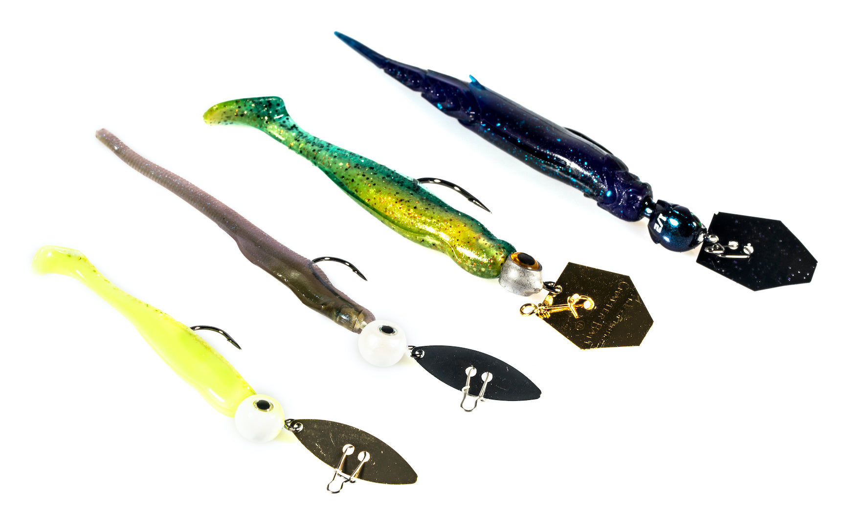 Line up of ChatterBaits; two willow vibes, an Eye Strike ChatterBait and the New ChatterBait EVO