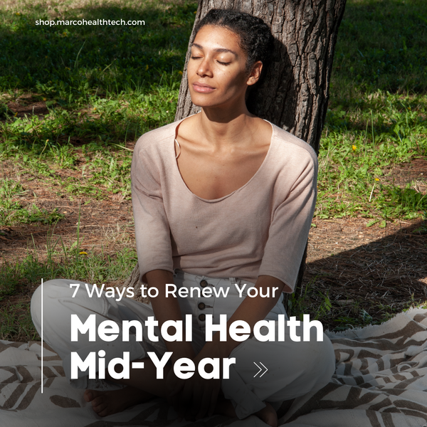 Woman meditating with caption 7 ways to renew your mental health mid-year