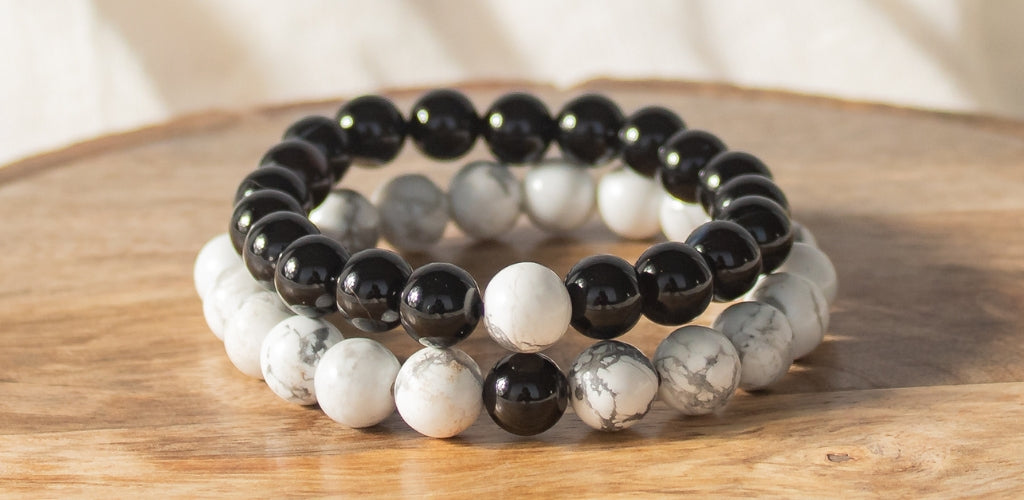 howlite and black tourmaline couple bracelet