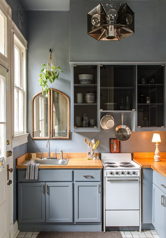 small kitchen with glass