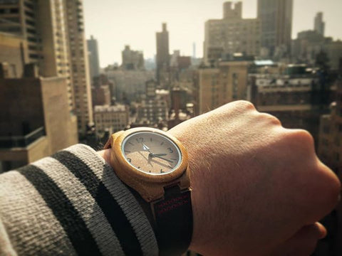 Manhattan, New York City skyline cityscape Instagram photo by @photabulator wearing a Tree Hut wooden watch