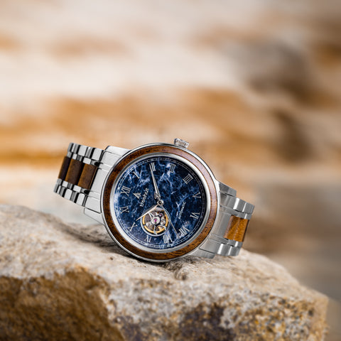Blue marble walnut wood automatic watch for him 