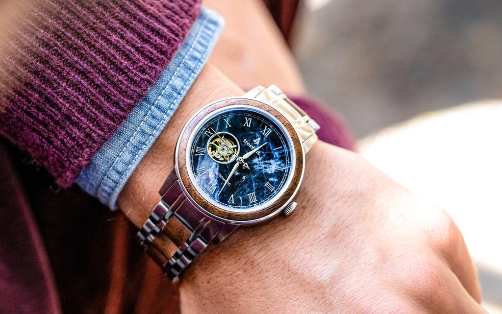 Atlas Walnut Blue Marble Watch For Men