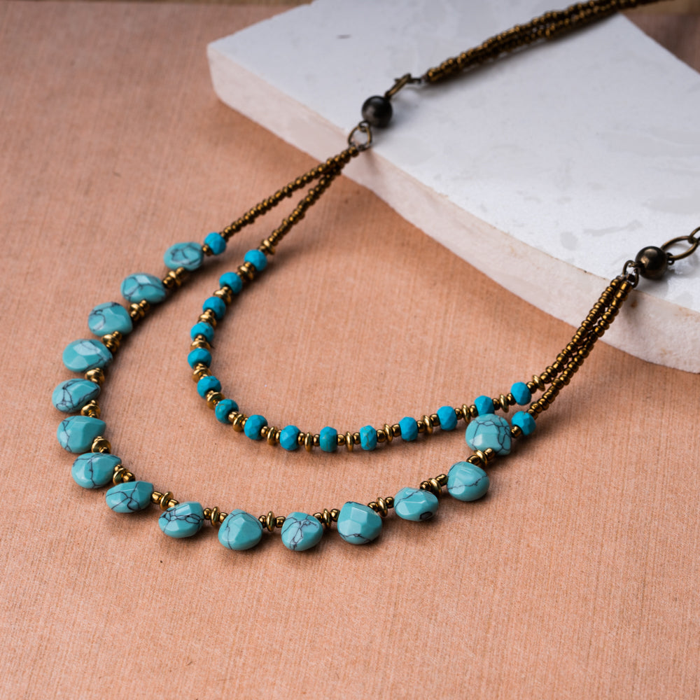 Blue Turquoise Stone Double Necklace