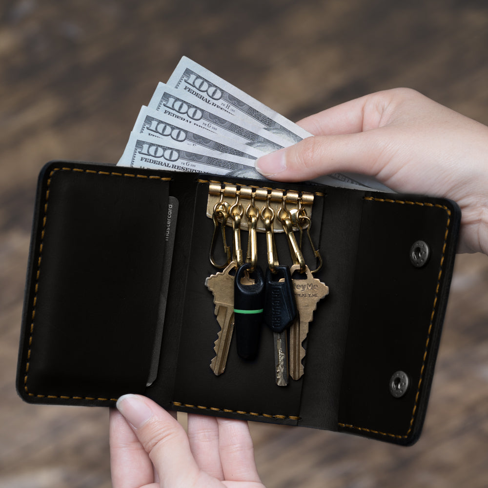 Black Trifold Leather Compact Key Wallet