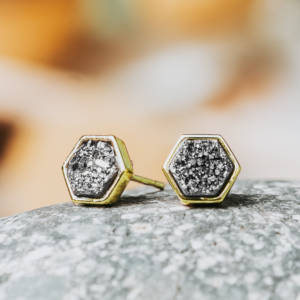 Geo Silver Hex Druzy Earrings