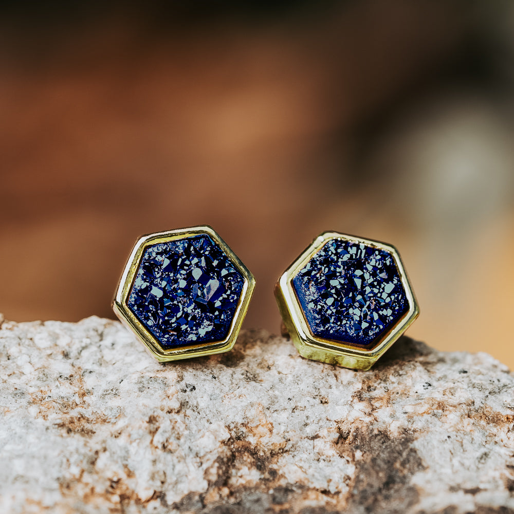 Geo Royal Blue Hex Druzy Earrings