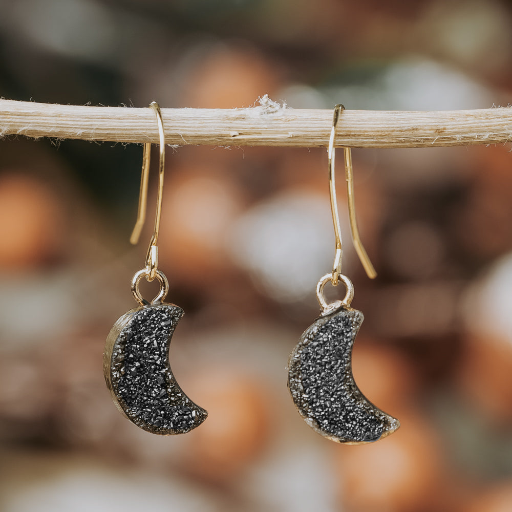 Crescent Black Druzy Earrings