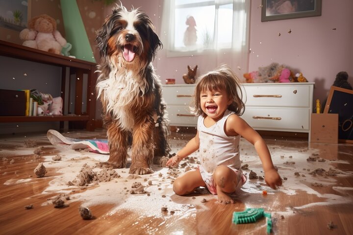 A young child and a dog making a mess in a playroom.