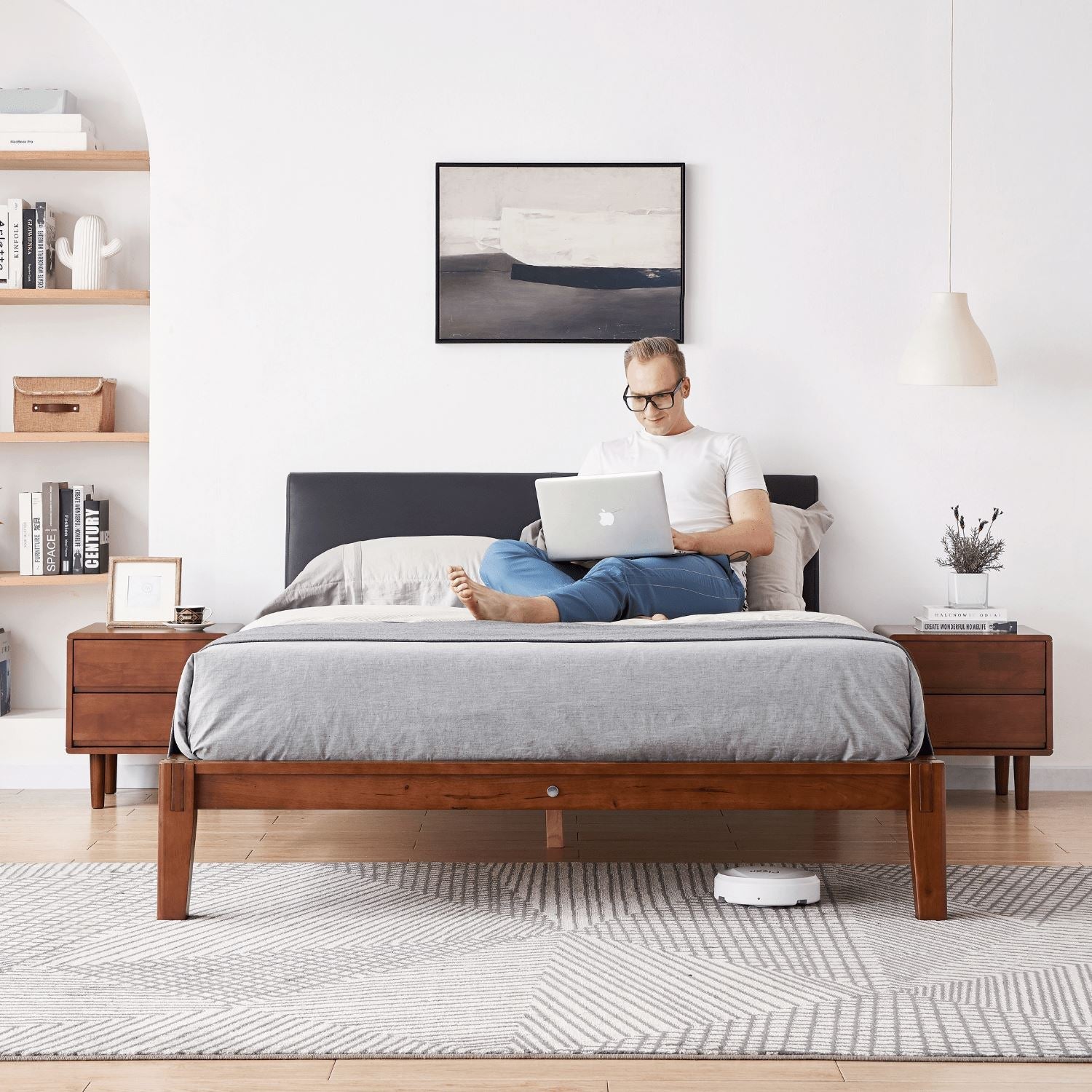 WalnutBlackLeatherModernBed