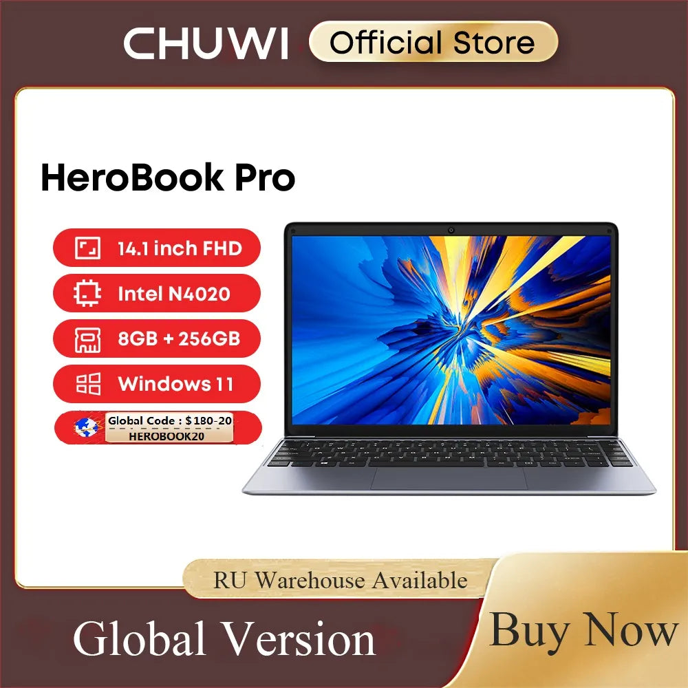 CHUWI HeroBook Pro 14.1" 1920x1080 Resolution Intel Celeron N4020 Dual Core Windows 10 OS 8GB RAM 256GB SSD Laptop with Mini HD