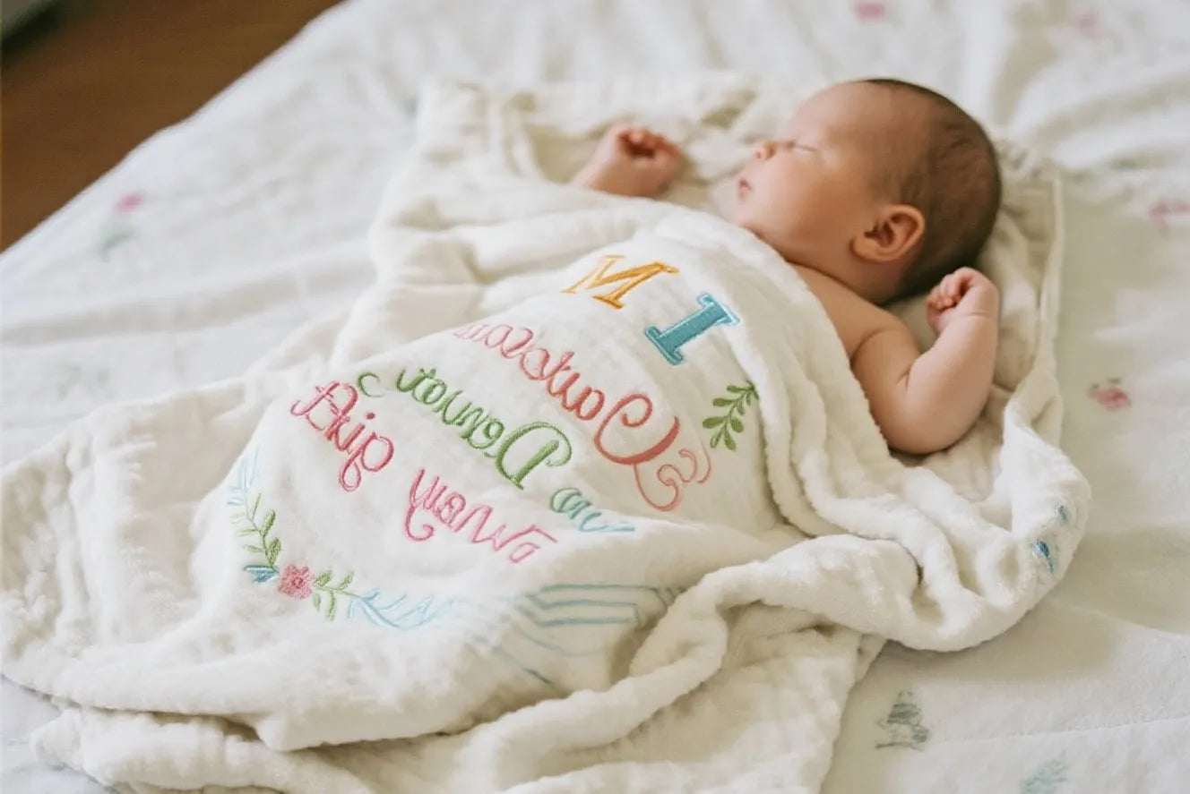 A baby is lying on a bed, holding a custom baby blanket with cute animal patterns and the word “Name” on it.