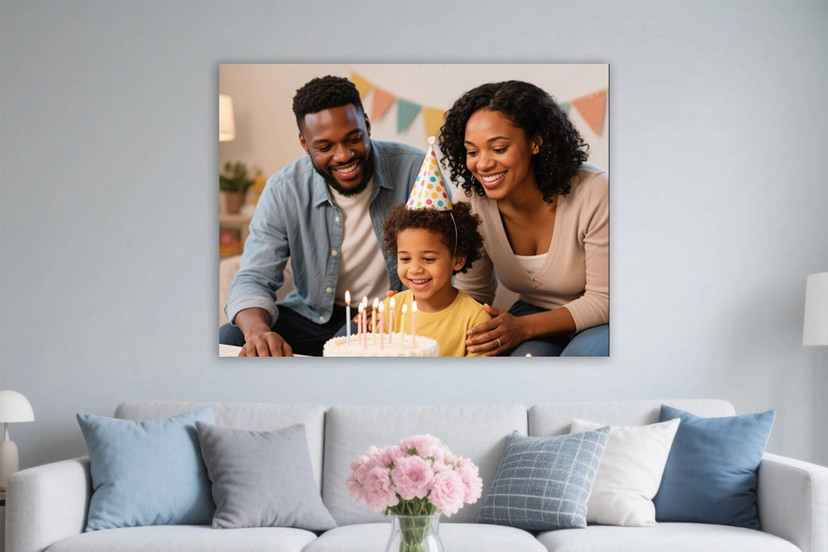 A canvas print shows a happy family celebrating a birthday with a cake, hung above a cozy sofa with pillows and flowers.