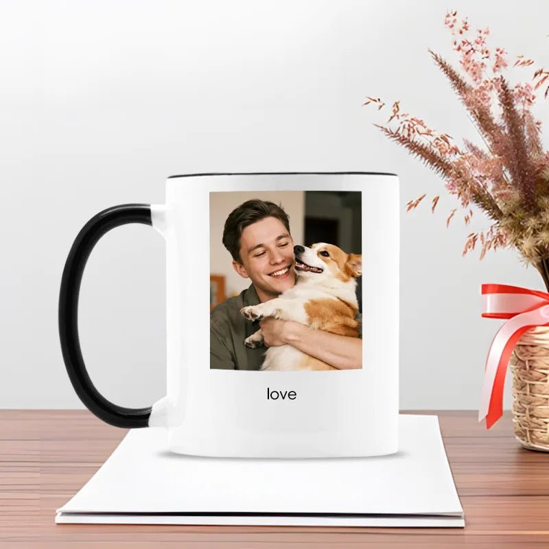 Taza personalizada con foto de hombre y corgi y texto "amor"