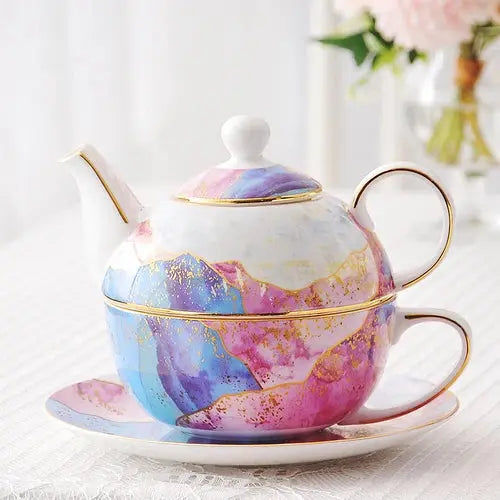 Théière solitaire en porcelaine bleue et rose | Théières à la folie