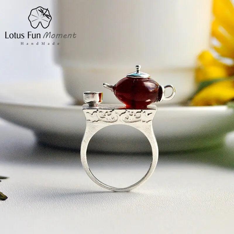 Bague en argent théière en ambre | Théières à la folie 