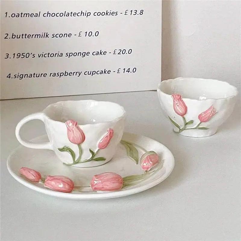 ​Tasse blanche tulipes roses 3D | Théières à la folie