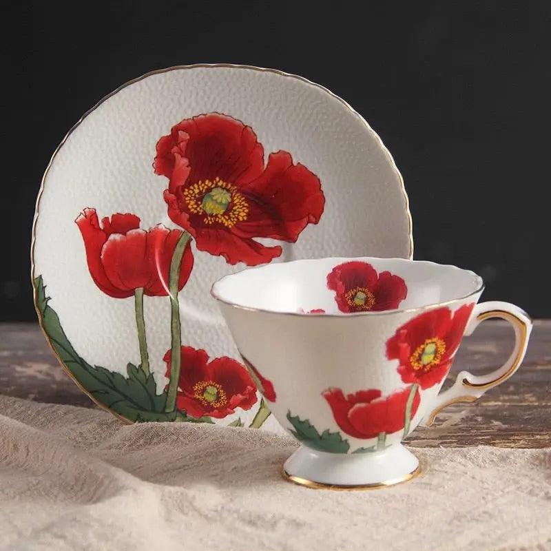 ​Tasse et soucoupe porcelaine coquelicot rouge | Théières à la folie