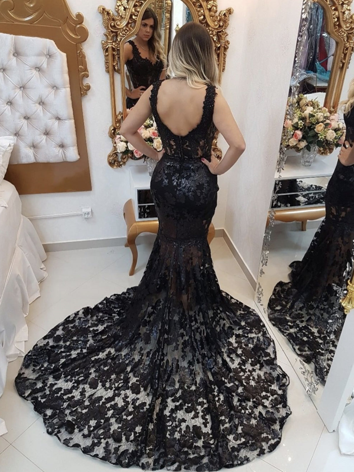 Mermaid Black Lace Long Prom Dress, Strapless Mermaid Black Formal Dre –  abcprom