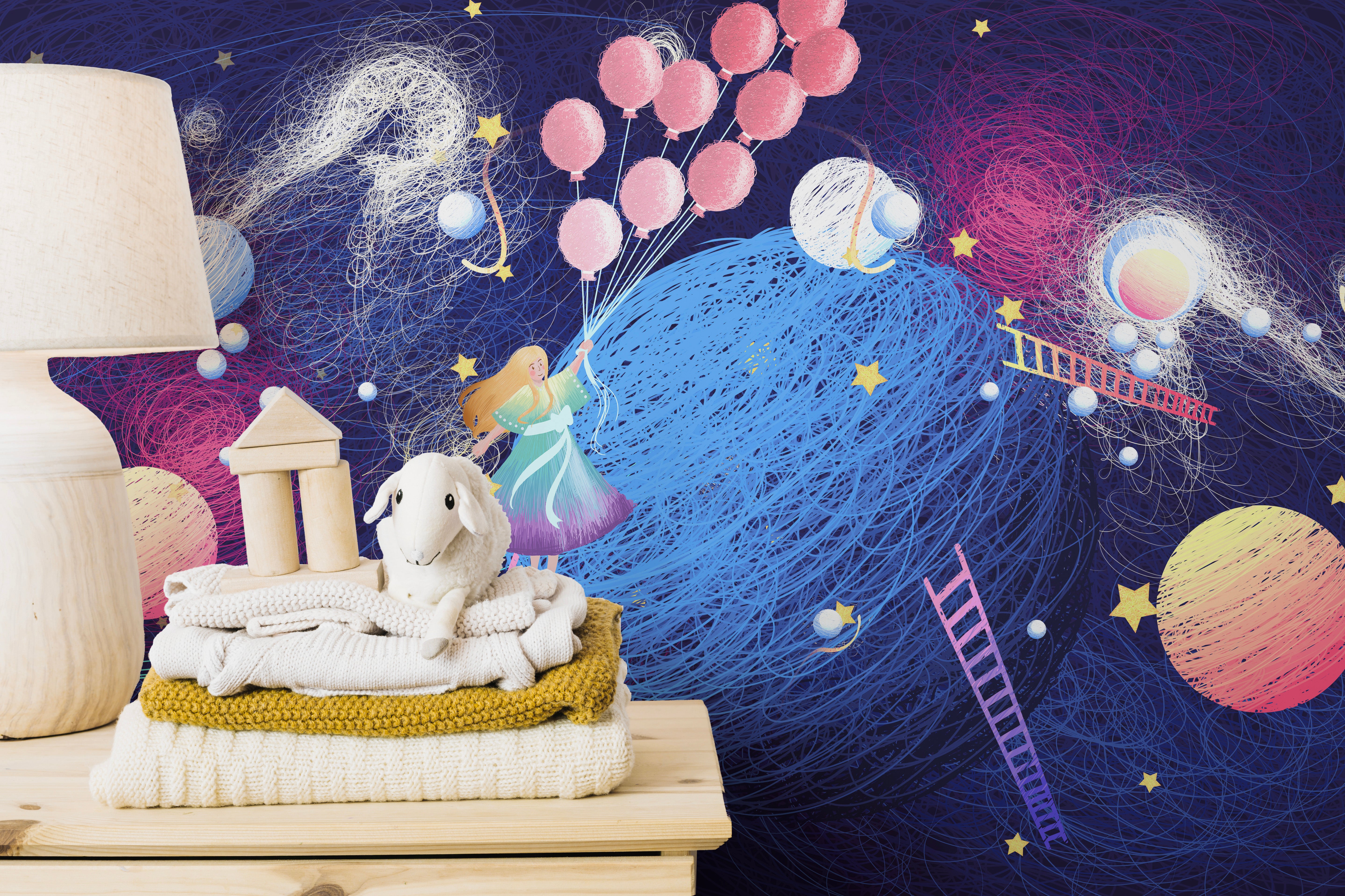 Girl on the Planet with Flying Balloons Wallpaper